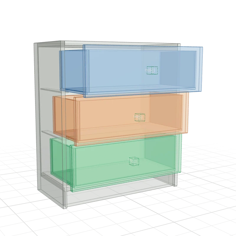The same asset's convex collision hulls, one colour per rigid body, with the drawers part-way along their joints